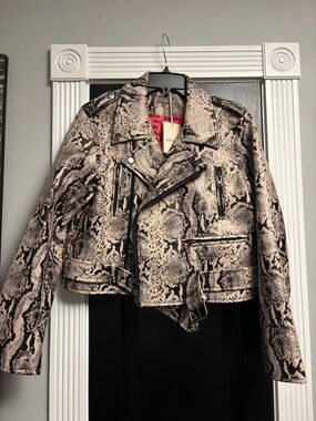MOTHER Snake-Print Leather Moto Jacket in Beige and Black